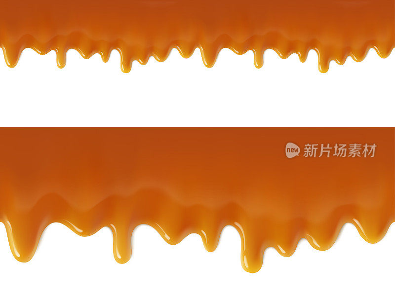 Seamless hyper realistic melted caramel drips. Vector illustration isolated on white background. Сan easily be used for different backgrounds.